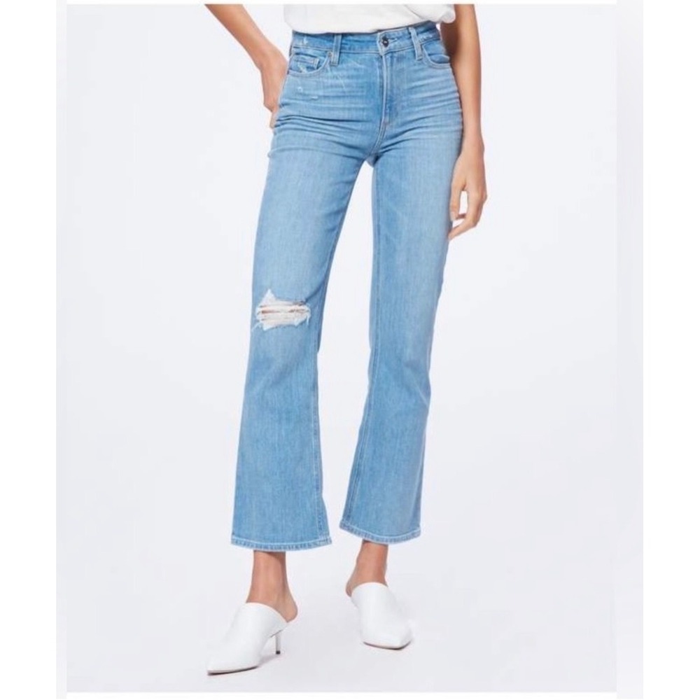 PAIGE Atley Ankle Flare Jeans Size 26 Light Wash Distressed High Rise Blue Denim